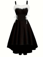Vintage-Inspired Faux Fur Aline Swing Tank Dress - Contrast Trim, Asymmetrical Hem, Cross Tie Detail, Christmas Party Dress - Women's Clothing, Holiday Season Fashion