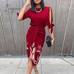 Ingvn - Vintage Print Elegant Women Folds Slim Dress Casual Hollow Out Patchwork Half Sleeve Dress Female Summer Round Neck Party Dress