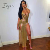 Ingvn - Sexy Glitter Metallic Off Shoulder Evening Dresses Women Night Party Festival Outfits Backless Side Split Long Dress Clubwear