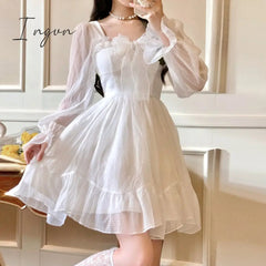 Ingvn - French Sweet Fairy Lolita Dress Women Long Sleeve Lace Y2k Mini Dress Vintage Kawaii Clothes One Piece Dress Korean Autumn
