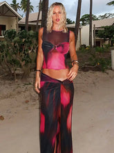 Mesh Print Sexy Skirt Sets Women O Neck Sleeveless Crop Tops And Split Skirt Ladies Sexy Club Party 2 Piece Sets