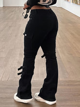 Stretchy Cargo Denim Jeans - Flattering Plain Black Color, Side Flap Pocket, Comfortable Garter Decor, High-Waisted, Relaxed Fit, Women's Denim Pants & Clothing for Everyday Wear