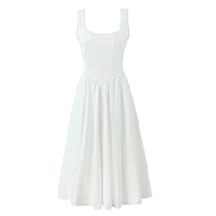 Elegant Women Sexy Backless O Neck White Tank Dress Pleated Swing Hem A-line Midi Summer Dress Lace Up Sundress Holiday