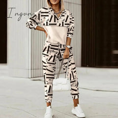 Ingvn - Spring Autumn Women Fashion Print Splicing Tracksuits Two Piece Sets Female Casual Long Sleeve V Neck Top Jogging Pant Suit