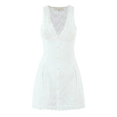 European And American Sexy Hollow Out Embroidered Dress Women V Neck Sleeveless A-line Mini White Dresses Summer Robe