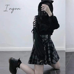 Ingvn - Gothic Lolita skirt female S-XL multi-size autumn and winter high waist lace-up short check wool skirt mini ballet skirt