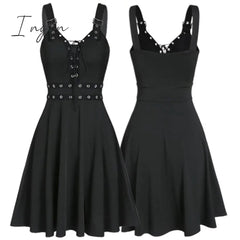 Ingvn - Women Mini Dresses Gothic Black Sexy Deep V Neck 2023 Fall Punk Sleeveless Rivet Fashion Tunic Hip Hop Bandage Female Dress