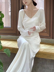 Elegant Satin Mermaid Long Dresses for Women Wedding Evening Party Dress Prom Robe Solid V-neck Long Sleeves One Piece Vestido