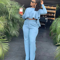 Ingvn - 2023 Elegant Work Wear Two Piece Set Fall Clothes for Women Ruffles Crop Top and Wide Leg Pants Suits Matching Sets Sexy Club Outfits