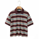 Women American Retro Contrasting Striped T Shirt Women Polo Collar Short Sleeve Preppy Vintage Tees Y2K Tops