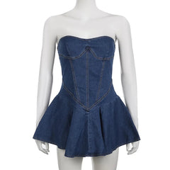 Chest Wrap Sexy Dress Women Sleeveless Backless Split Splicing Tight Denim Mini Dress Thin Sexy Y2K A-word Denim Dress