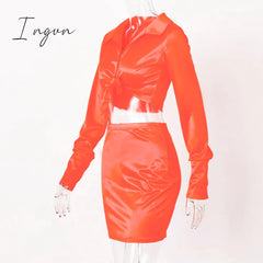 Ingvn - Women Silky Satin 2 Two Piece Set Lace Up Long Sleeve Crop Top Skirt Autumn Winter Clothes Fashion Sexy Outfits