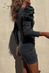 Ingvn - Sexy Simplicity Solid Fold Asymmetrical V Neck Long Sleeve Regular Denim Dresses