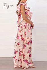 Ingvn - Sexy Floral Backless Flounce V Neck Printed Dress Dresses
