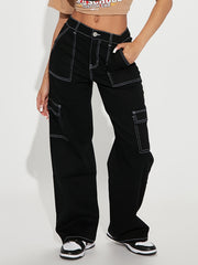 Y2K Kpop-Inspired Women’s Cargo Denim Jeans - Black with Striking White Contrast Seams, Multi-Pocket Design - Zipper & Button Closure, Comfortable & Trendy for Casual Outings