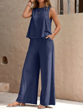 Casual Solid Color Two-piece Pants Set, Sleeveless Crew Neck Tank Top & Slant Pockets Wide Leg Pants Outfits, Women's Clothing