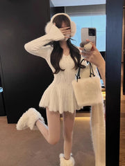Sweet Knitted Sweater Dress Women Casual Long Sleeve Elegant French Y2k Mini Dress Even Party 2024 Autumn Korean Fashion Chic