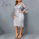 Ingvn - Summer Women Lace Slim Patchwork Party Dress Office Ladies Round Neck Flare Sleeve Stretch Bodycon Plus Size Dresses