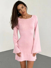 Ingvn Womens Flare Sleeve Lace-up Backless Pink Sweater Dress Ladies Autumn High Waist Hollow Out Knitted White Party Vacation Dresses