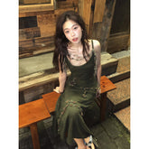 Pphmm outfit inspo Spring and Autumn Retro Green Knitted Sling Dress Women's Hot Girl Style Tight Waist Outer Wear Ripped Sheath Long Skirt