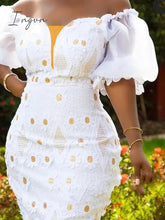 Ingvn - White Applique Lace Dress Chic Women Daisy Flower Off Shoulder Puff Sleeve Midi Dress Summer Party Birthday Wedding Guest Gown