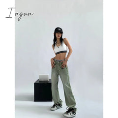 Ingvn - Women's Green Jeans Vintage Washed Multiple Pockets Wide Leg Pants Casual Street High Waist Baggy Denim Trouser Ladies Summer