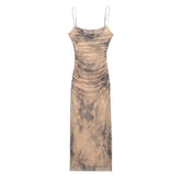 Women's Fashion Slim Dresses Print O-Neck Sleeveless Backless Pleated Decoration Zipper Female Long Dresses For Party