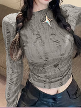 Ripped Ruched Crop T-Shirt, Casual Crew Neck Long Sleeve Top, Women's Clothing