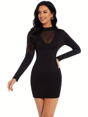 All-Season Chic Midi Bodycon Dress: High Elasticity, Durable Contrast Mesh, Perfect for Parties & More