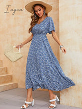 Ingvn - Ladies Vintage Boho Print Summer Dress Women Casual Blue Elastic Waist Bohemian Beach Sundress Women Dress Robe Vestidos Female