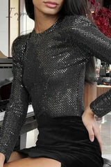 Ingvn - Elegant Solid Sequins Sequined O Neck Tops