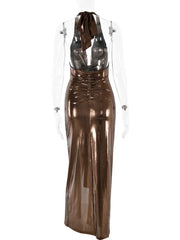 Ingvn Woman Sexy Halter High Waist Backless Long Dress Ladies Elegant Hollow Out Folds Bandage High Slit Party Evening Dresses