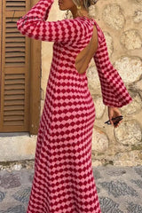 Ingvn - Sexy Plaid Backless Contrast Weave O Neck A Line Dresses