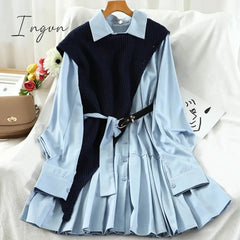 Ingvn - New Sweet Suit Women Japan Single Breasted Turn-Down Collar Pleated Dress +Irregular Drawstring Knitted Vest Two Piece Set PL548