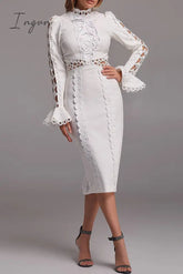 Ingvn - Celebrities Elegant Solid Lace Hollowed Out Turtleneck Princess Dresses