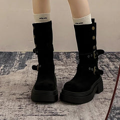 Ingvn Vintage Spring Autumn Women Motorcycle Boots Fashion Belt Buckle Mid Calf Booties Platform Thick Heel Casual Ladies Shoes