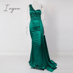 Ingvn - One Shoulder Padded Sexy Satin Maxi Dress Women's Evening Party Dress Gown with Ribbon Royal Blue Green Draped Long Dress