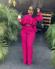 Ingvn - 2023 Elegant Work Wear Two Piece Set Fall Clothes for Women Ruffles Crop Top and Wide Leg Pants Suits Matching Sets Sexy Club Outfits