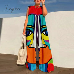Ingvn - Summer Women Casual O-Neck Sleeveless Tank Playsuits Fashion Pattern Print Wide Leg Jumpsuit Office Lady Loose One Piece Rompers
