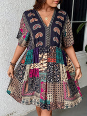 Plus Size Floral Print Dress, Casual Short Sleeve V Neck Dress For Spring & Summer, Women's Plus Size Clothing