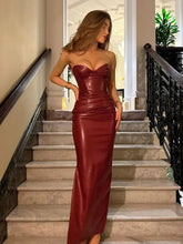 Women Burgundy Sexy Pu Leather Strapless Dress Fashion Backless Sleeveless Long Gown New Female Evening Party Prom Robe