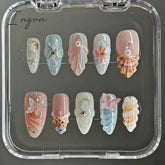 10Pcs Handmade Manicure Medium Almond Ballet Fake Nails Shell Limite Nails Press On Nails Design with Adhesive Nail File Set