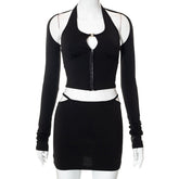 Pphmm going out outfits Summer Solid Color Halter Hook Buckle Long Sleeve Top Low Waist Hollow out Women's Dress Suit