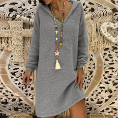 Ingvn - Sweater Dress Women Hooded Collar Long Sleeve V-neck Pure Color Knitted Pullover Spring Autumn Oversize Sweaters Pullovers