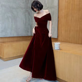 Lautaro Spring Long Luxury Elegant Wine Red Soft Velvet Evening Party Wedding Dresses for Women Off Shoulder Maxi Dress
