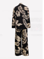 Two-piece Set, Leopard Print Button Front Long Sleeve Shirt & Wide Leg Pants Outfits, Women's Casual Clothing