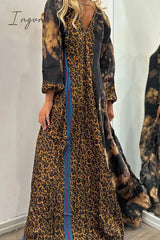 Ingvn - College Leopard Printing V Neck Printed Dress Dresses
