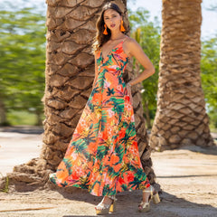 Spring and Summer Fashion Women's Amazon New Style Suspender V-neck Printed Temperament Elegant A-line Long Dress