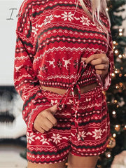 Ingvn - Women's Loungewear Sets Stripe Snowflake Casual Comfort Home Christmas Daily Polyester Breathable Crew Neck Long Sleeve Shorts Spring Fall Wine Red