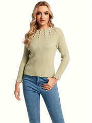 Stylish Beaded Mock Neck Sweater - Pullovers for Women - Long Sleeve, Casual, Fall and Winter Essential, Soft and Cozy Clothing with Decorative Accents